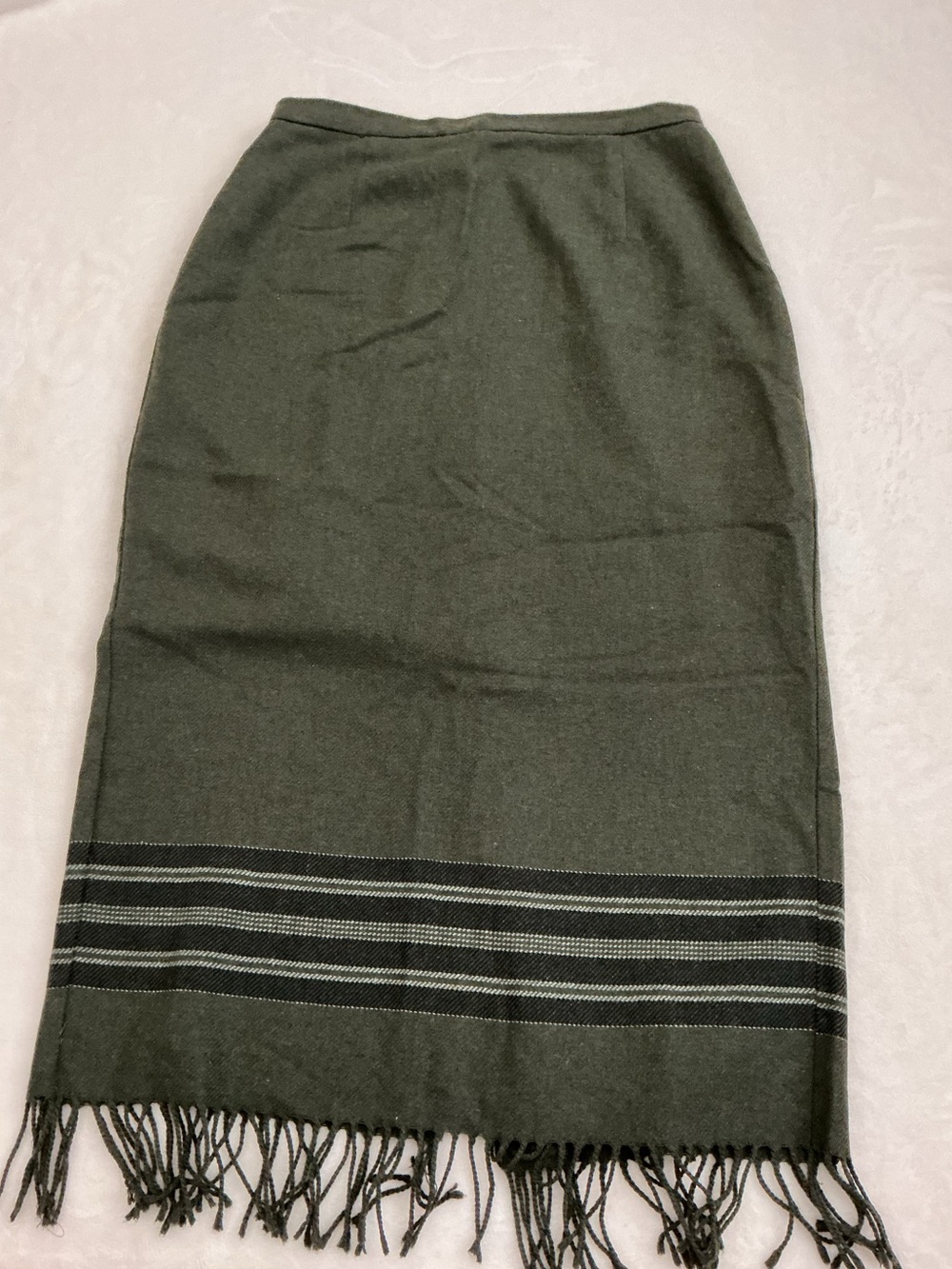 Requirements Olive Wool Blend Fringe Skirt Size 12 Vintage Boho Made in USA